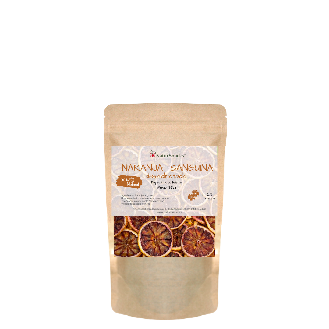 Comprar naranja sanguina deshidratada especial coctelería en formato de 35 gramos. Elaborada con naranja sanguina 100% natural sin azúcares añadidos, sin conservantes ni aditivos.