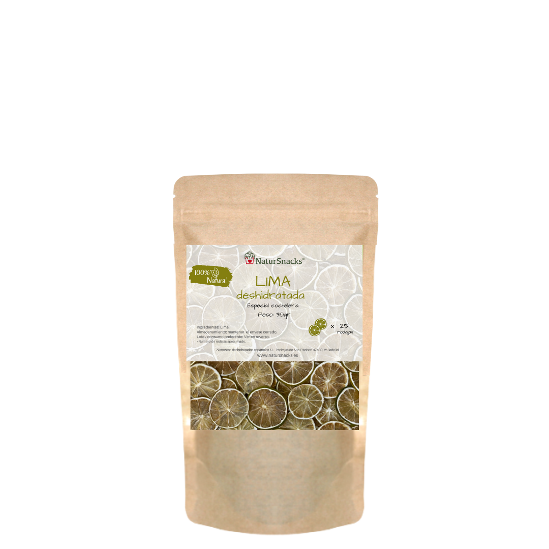 Comprar lima deshidratada especial coctelería elaborada con lima 100% natural sin azúcares añadidos, sin conservantes ni aditivos. En formato de 30 gramos.