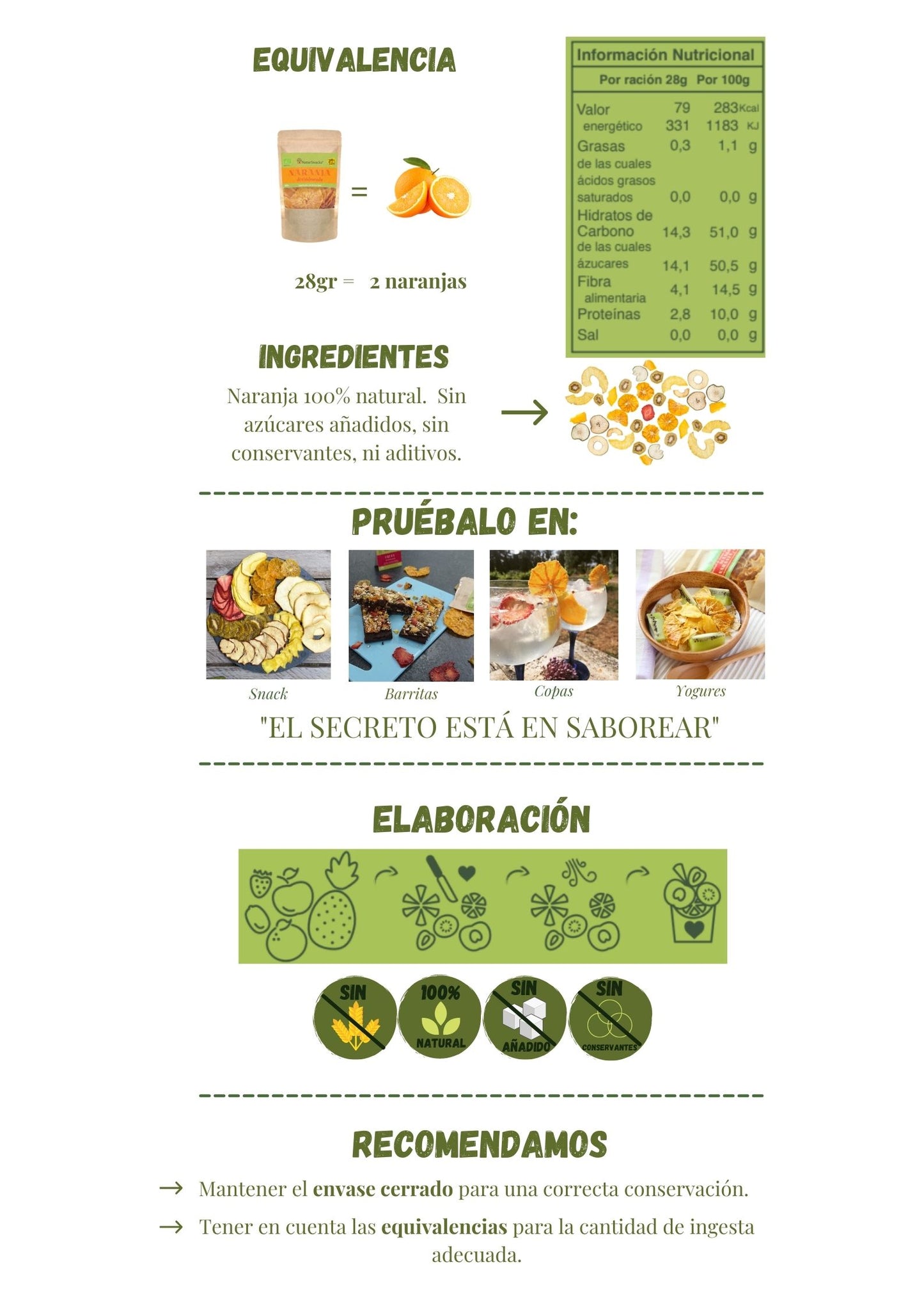 Equivalencia naranja fresca y naranja deshidratada bio, tabla de información nutricional. Ingredientes naranja 100% natural sin azúcares añadidos, sin conservantes ni aditivos. Pruébalo en diferentes recetas, el secreto está en saborear.
