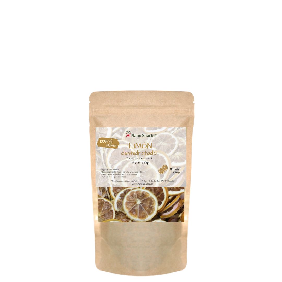 Comprar limón deshidratado especial coctelería en formato de 35 gramos. Elaborado con limón 100% natural sin azúcares añadidos, sin conservantes ni aditivos.