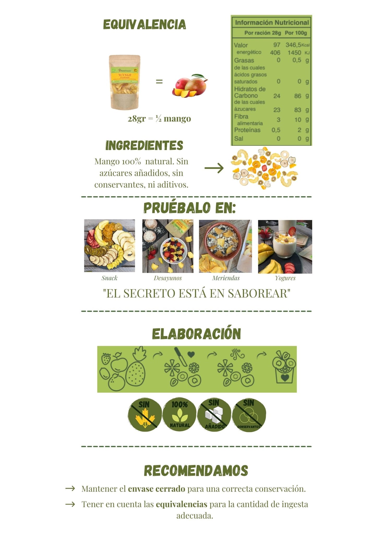 Equivalencia mango fresco y mango deshidratado bio , tabla de información nutricional. Ingredientes mango 100% natural sin azúcares añadidos, conservantes ni aditivos. Pruébalo en diferentes recetas y recuerda que el secreto está en saborear.