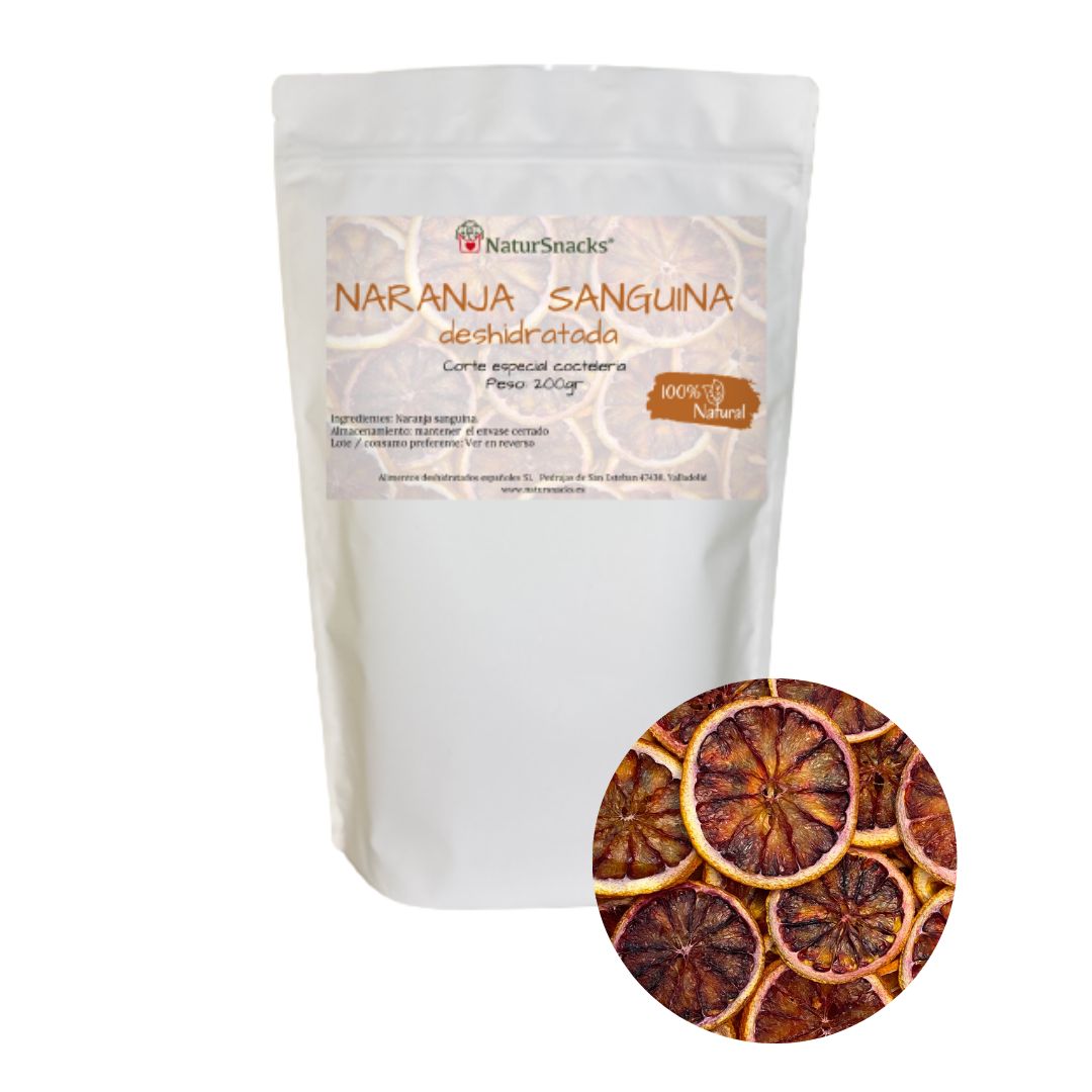 Comprar naranja sanguina deshidratada en formato familiar de 250 gramos corte especial coctelería para todas tus preparaciones y bebidas. Elaborada con naranja sanguina 100% natural sin azúcares añadidos, sin conservantes ni aditivos.