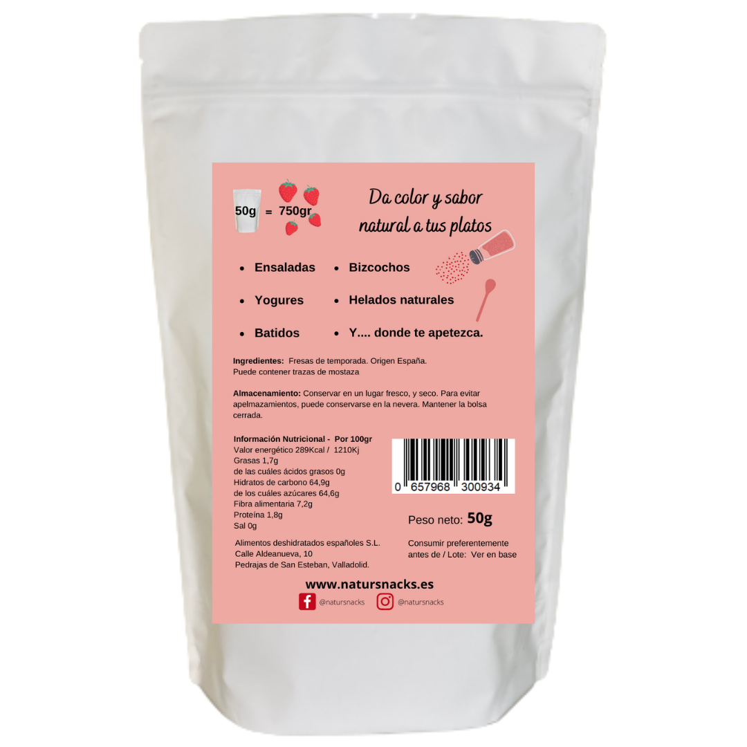 Fresa deshidratada molida 100% natural en formato de 50 gr que equivalen a 750 gr de fresa fresca. Color y sabor a fresa 100% natural sin cosas raras.