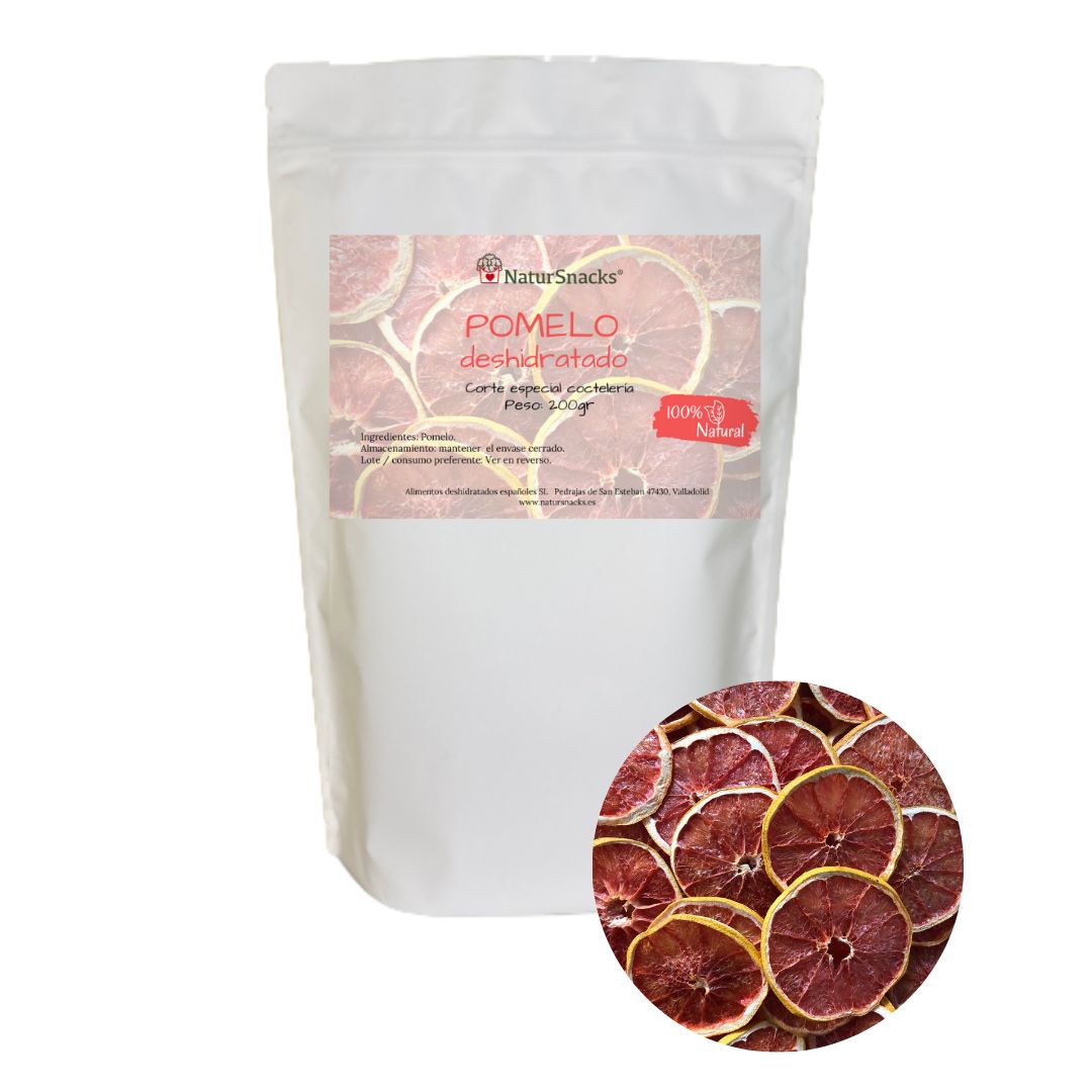 Comprar pomelo deshidratado en formato familiar de 250 gramos con corte especial de coctelería para tus preparaciones y bebidas. Novedad. Elaborado con pomelo 100% natural sin azúcares añadidos, sin conservantes ni aditivos. 